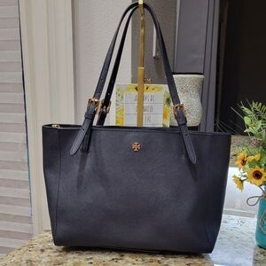 Signature Tory Burch Black Tote Bag With Gold Hardware